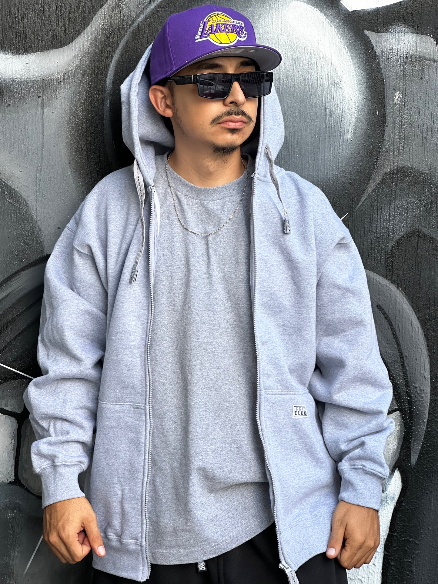 SUDADERA PROCLUB CON CIERRE Y GORRO 13 Oz | GRIS JASPEADO CLARO