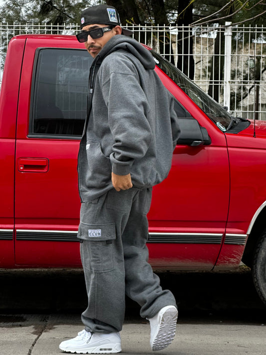 SUDADERA CON CIERRE Y GORRO PROCLUB 13Oz | GRIS OBSCURO JASPEADO